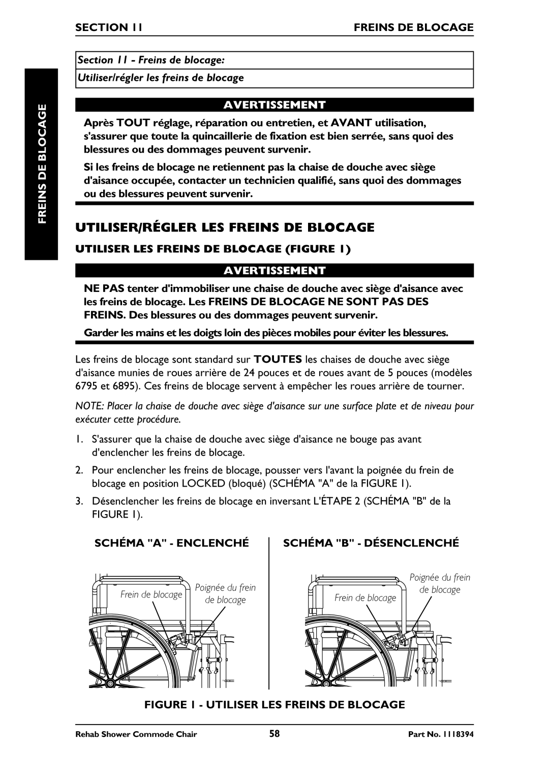 Invacare 6895 UTILISER/RÉGLER LES Freins DE Blocage, Section Freins DE Blocage, Utiliser LES Freins DE Blocage Figure 