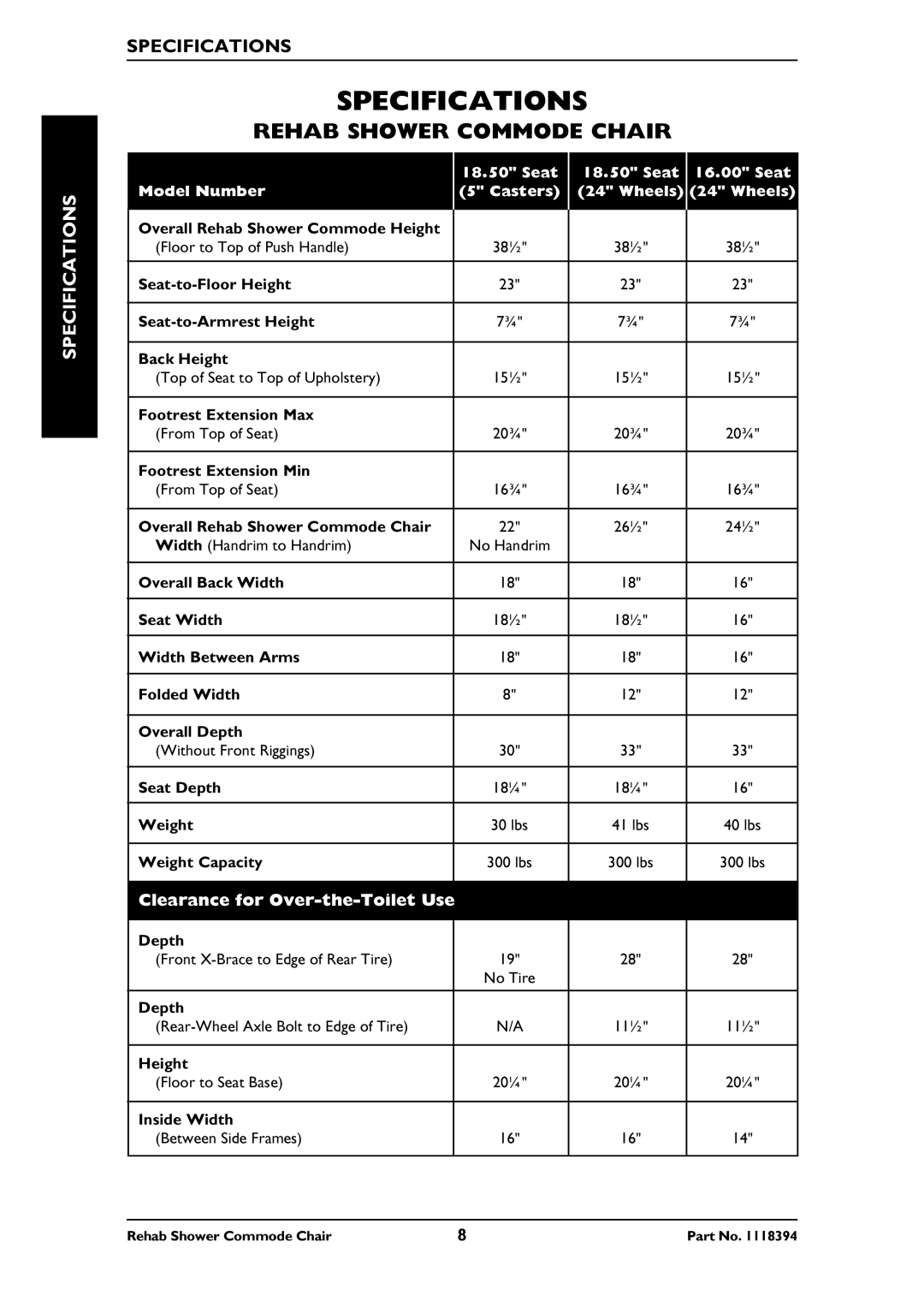 Invacare 6891, 6795, 6895 manual Specifications, Rehab Shower Commode Chair 
