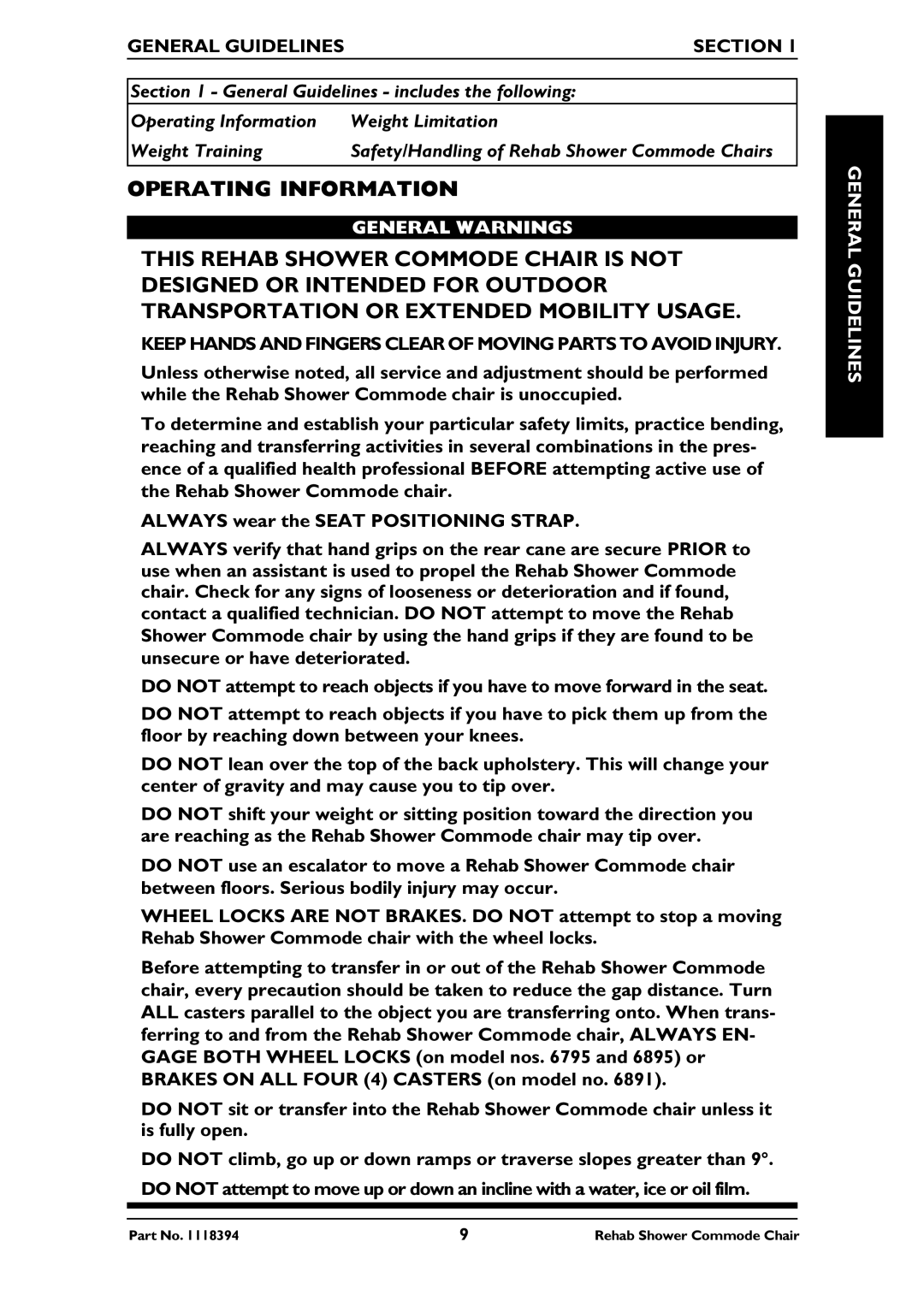 Invacare 6795, 6895, 6891 manual Operating Information, General Guidelines Section, General Warnings 