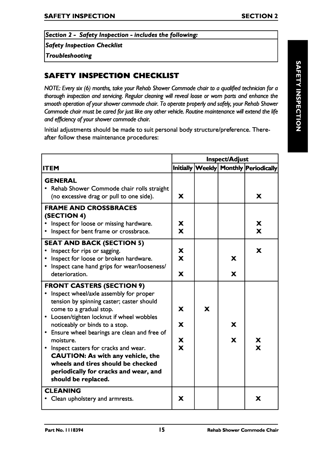 Invacare 6795 Safety Inspection Checklist, Section, Safety Inspection - includes the following, Inspect/Adjust, Initially 