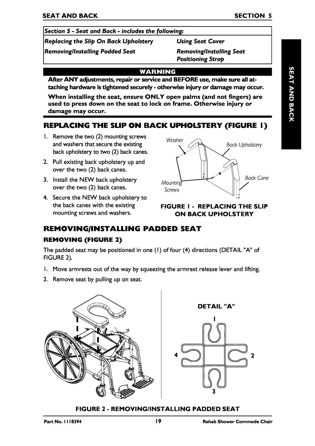 Invacare 6895, 6795 Replacing The Slip On Back Upholstery Figure, Removing/Installing Padded Seat, Seat And Back, Section 