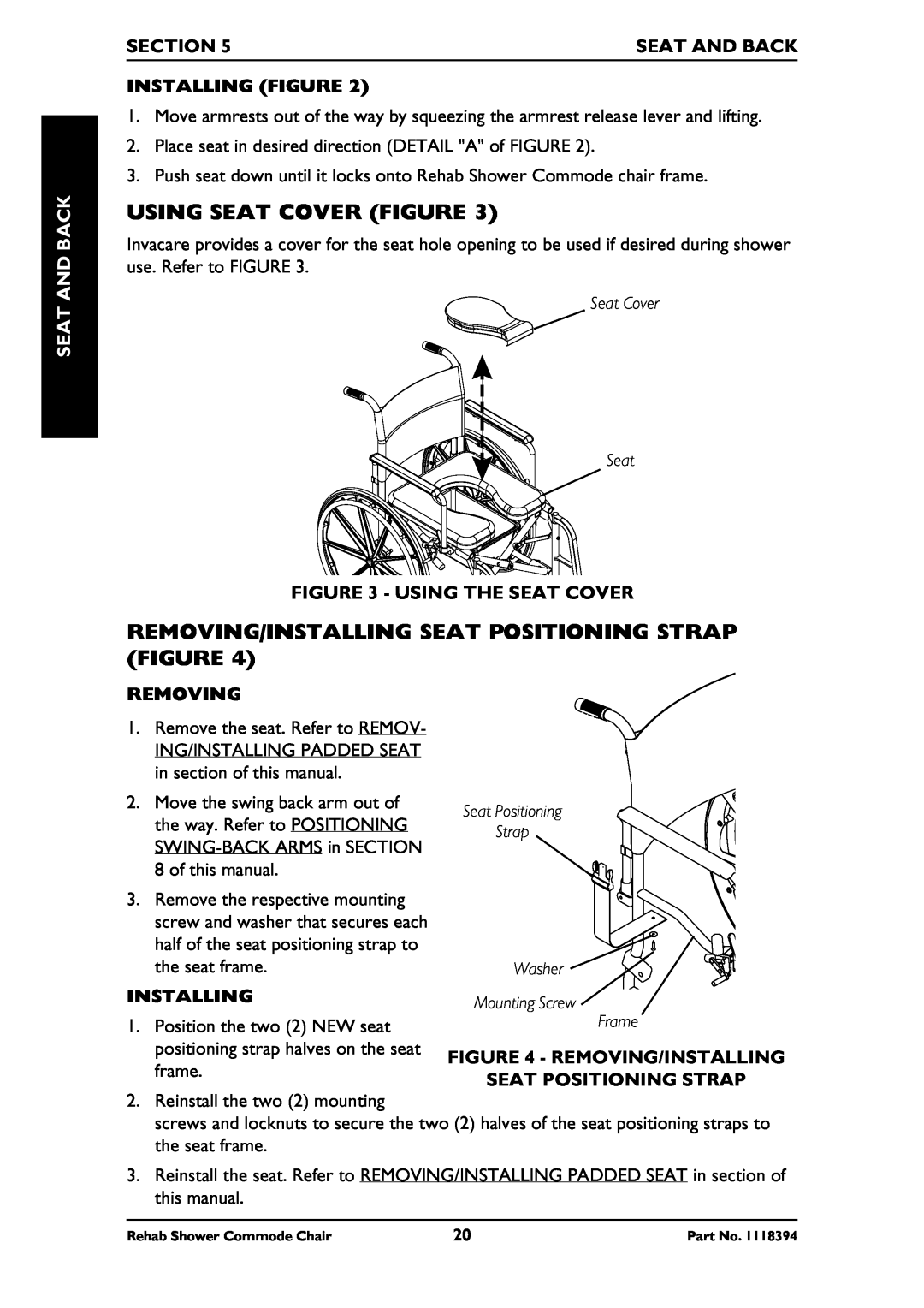 Invacare 6891, 6795 Using Seat Cover Figure, Removing/Installing Seat Positioning Strap Figure, Seat And Back, Section 