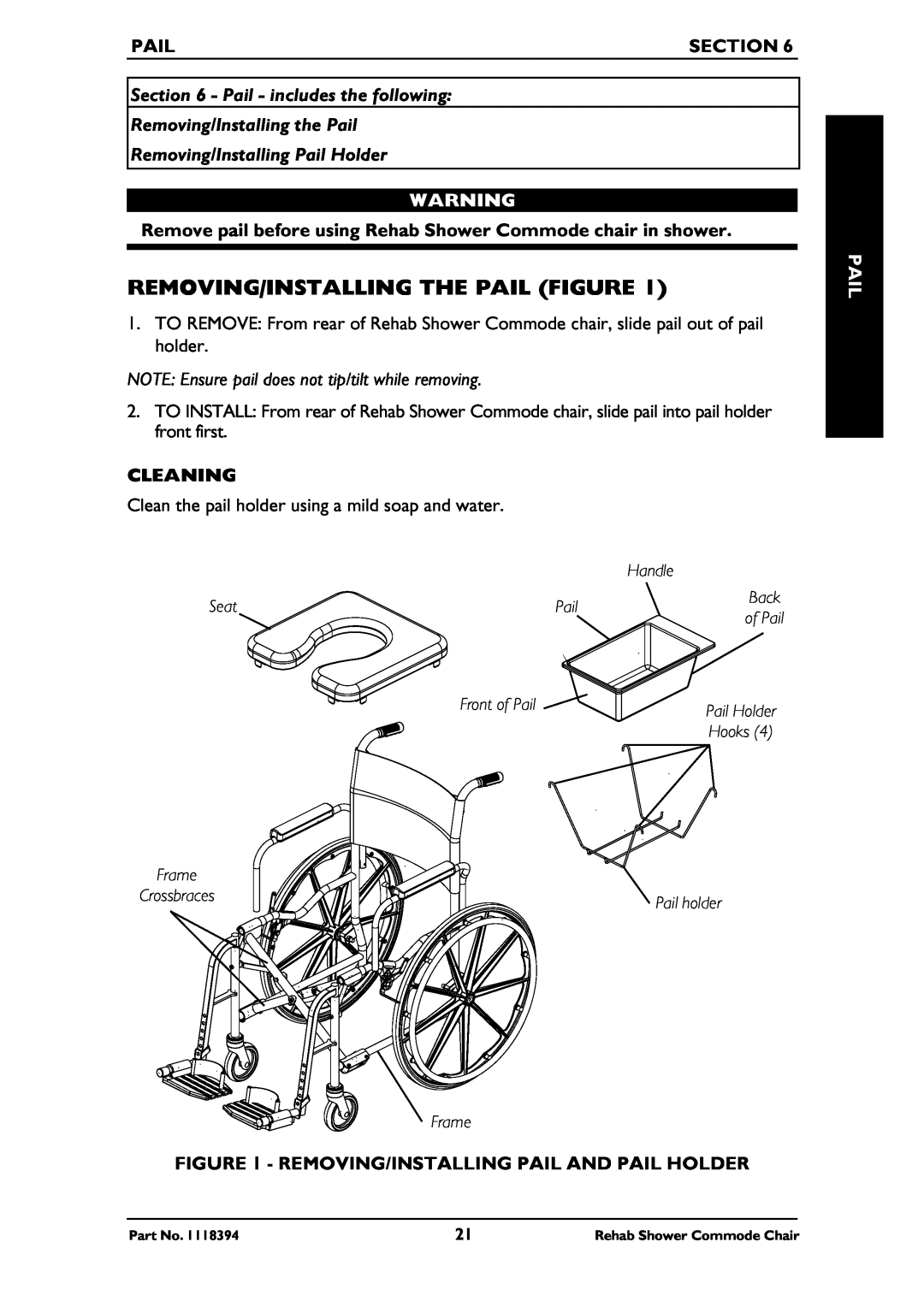Invacare 6795, 6895, 6891 manual Removing/Installing The Pail Figure, Section, Pail - includes the following, Cleaning 