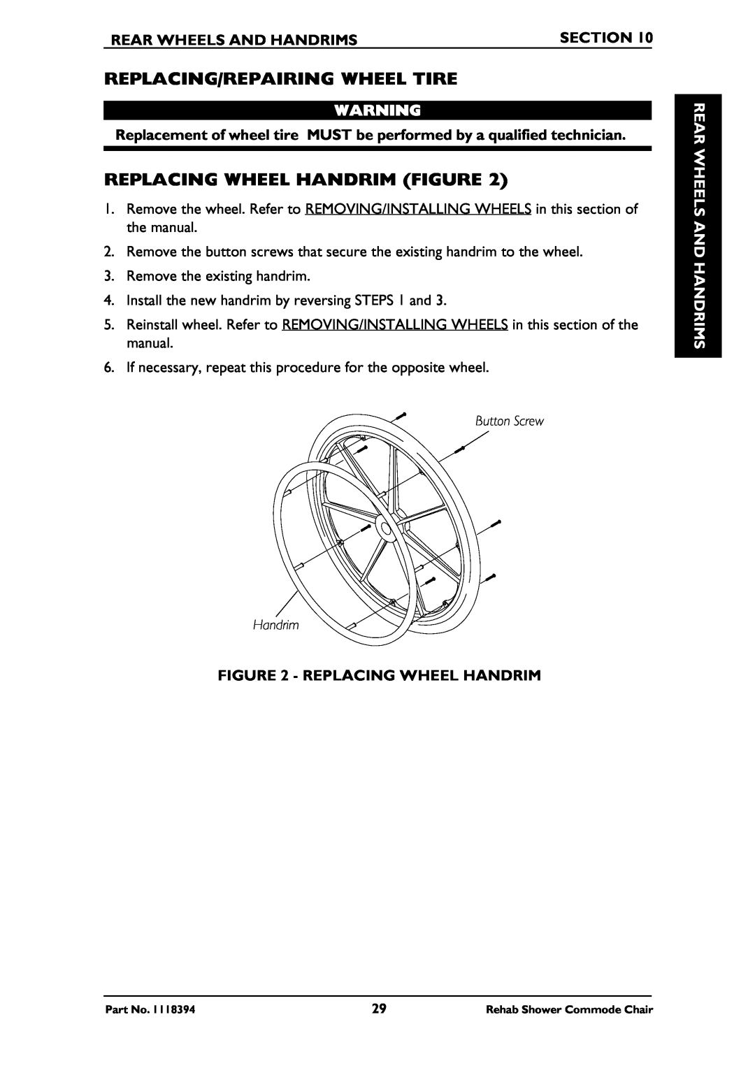 Invacare 6891, 6795, 6895 Replacing/Repairing Wheel Tire, Replacing Wheel Handrim Figure, Rear Wheels And Handrims, Section 