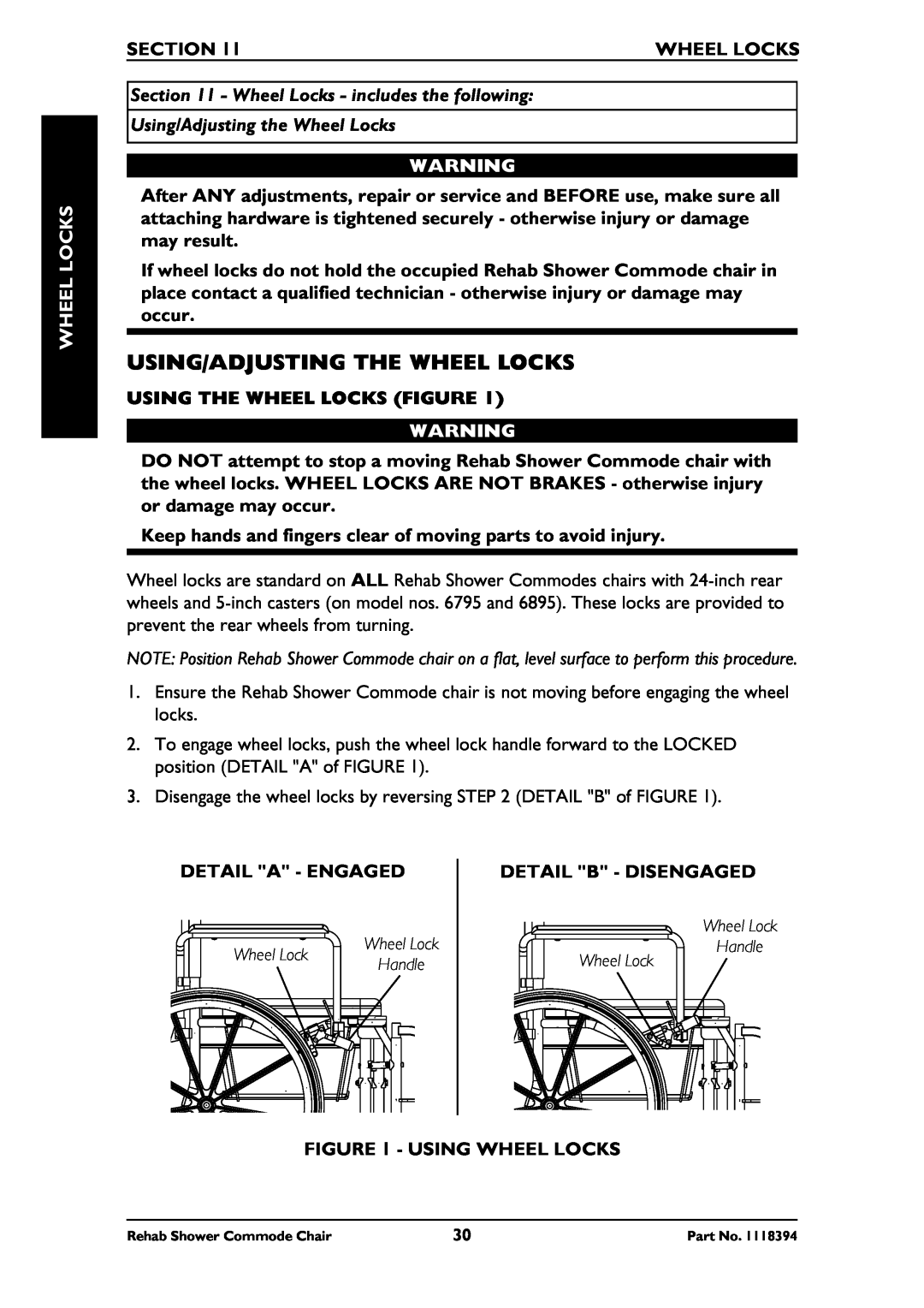 Invacare 6795 Using/Adjusting The Wheel Locks, Section, Wheel Locks - includes the following, Using The Wheel Locks Figure 