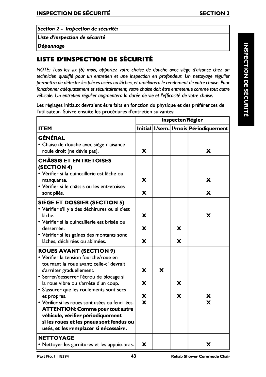 Invacare 6895 Liste Dinspection De Sécurité, Inspection De Sécurité, Section, Dépannage, Inspecter/Régler, Initial, 1/sem 