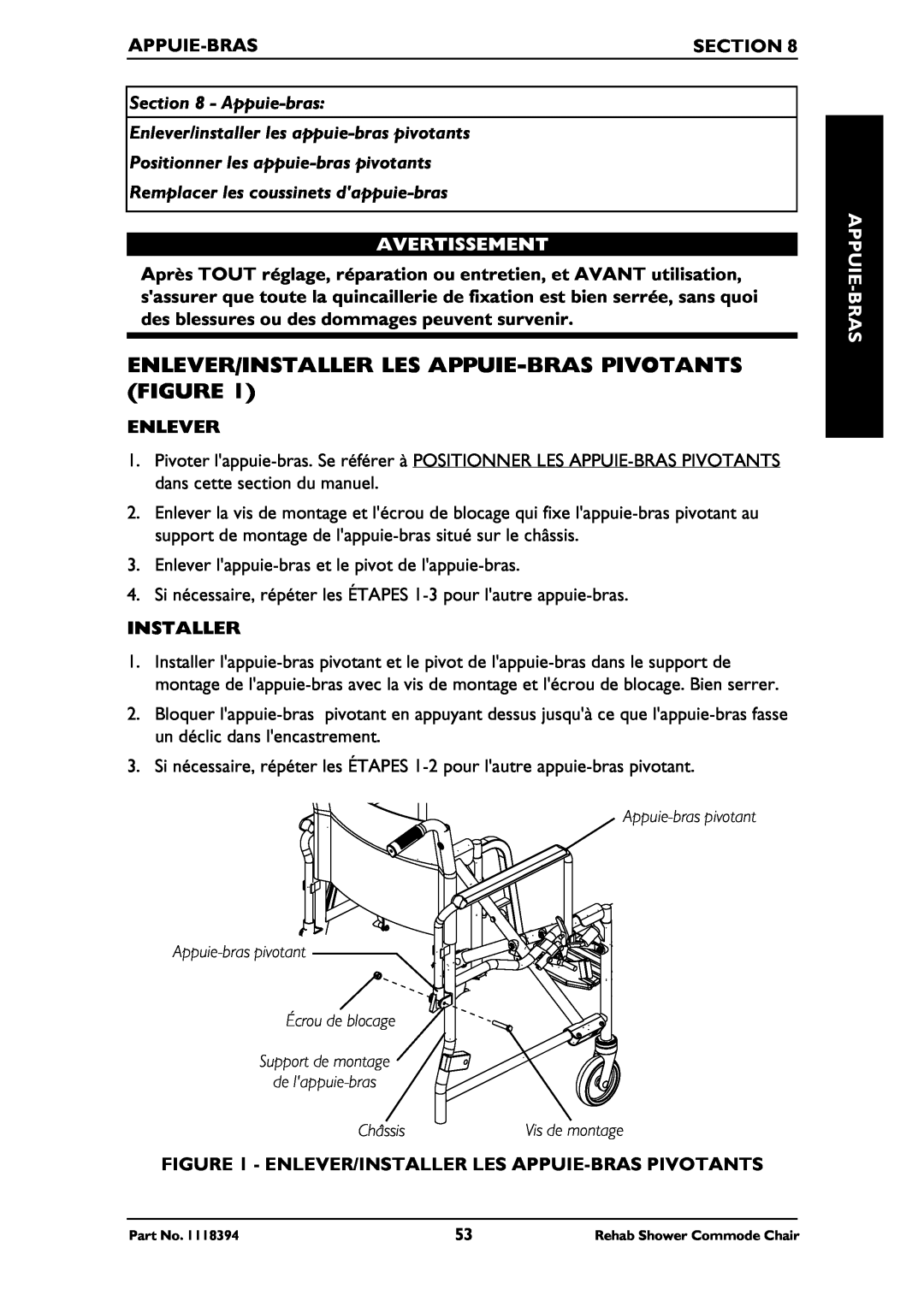 Invacare 6891, 6795 Enlever/Installer Les Appuie-Bras Pivotants Figure, Section, Positionner les appuie-bras pivotants 