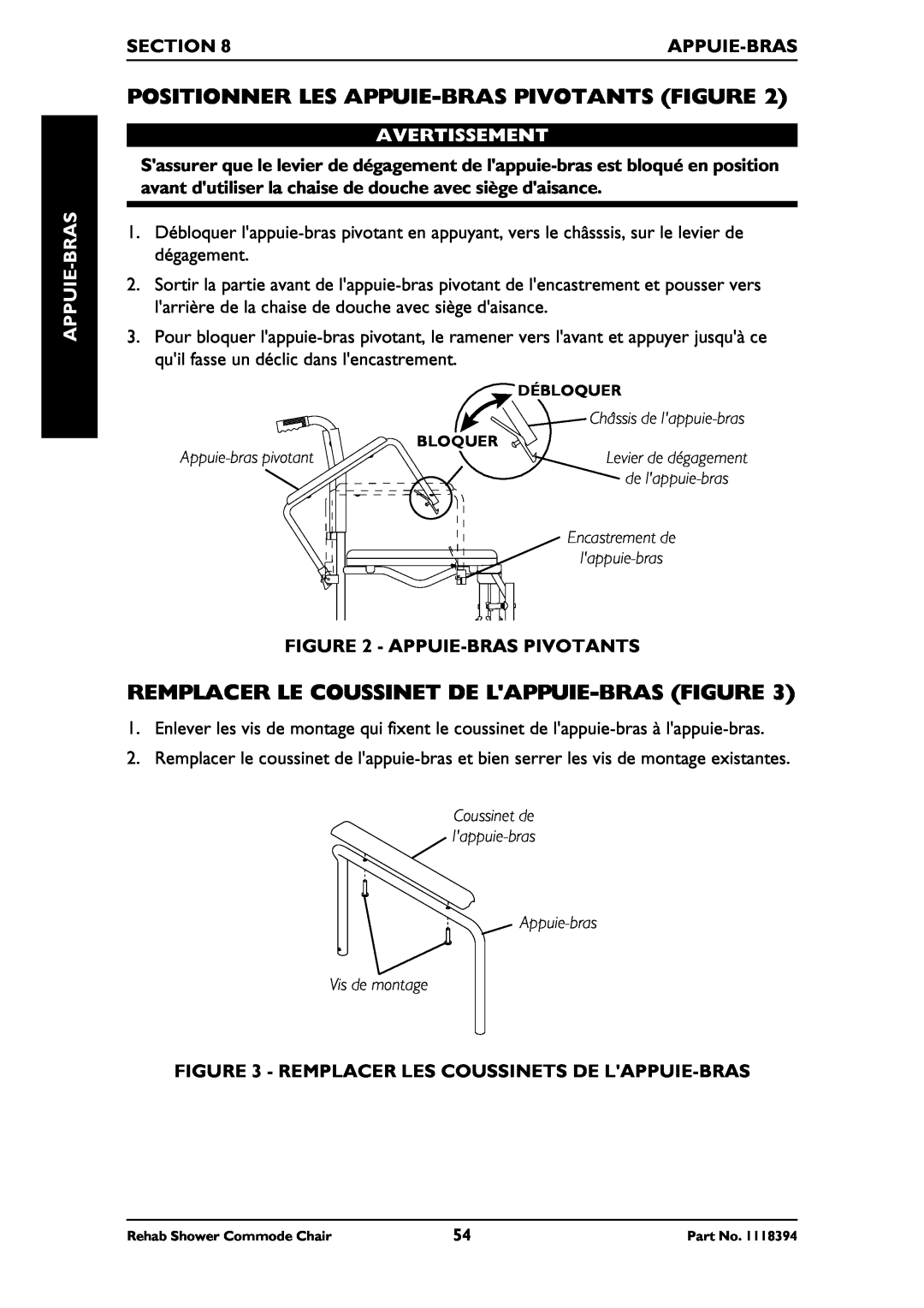 Invacare 6795, 6895 Positionner Les Appuie-Bras Pivotants Figure, Remplacer Le Coussinet De Lappuie-Bras Figure, Section 