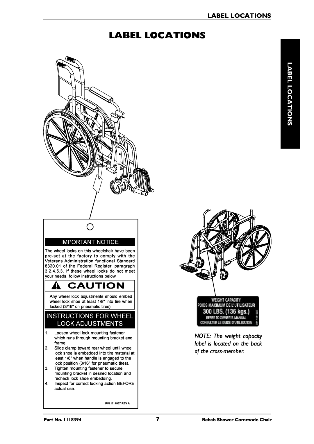 Invacare 6895, 6795 Label Locations, Instructions For Wheel Lock Adjustments, Important Notice, Rehab Shower Commode Chair 