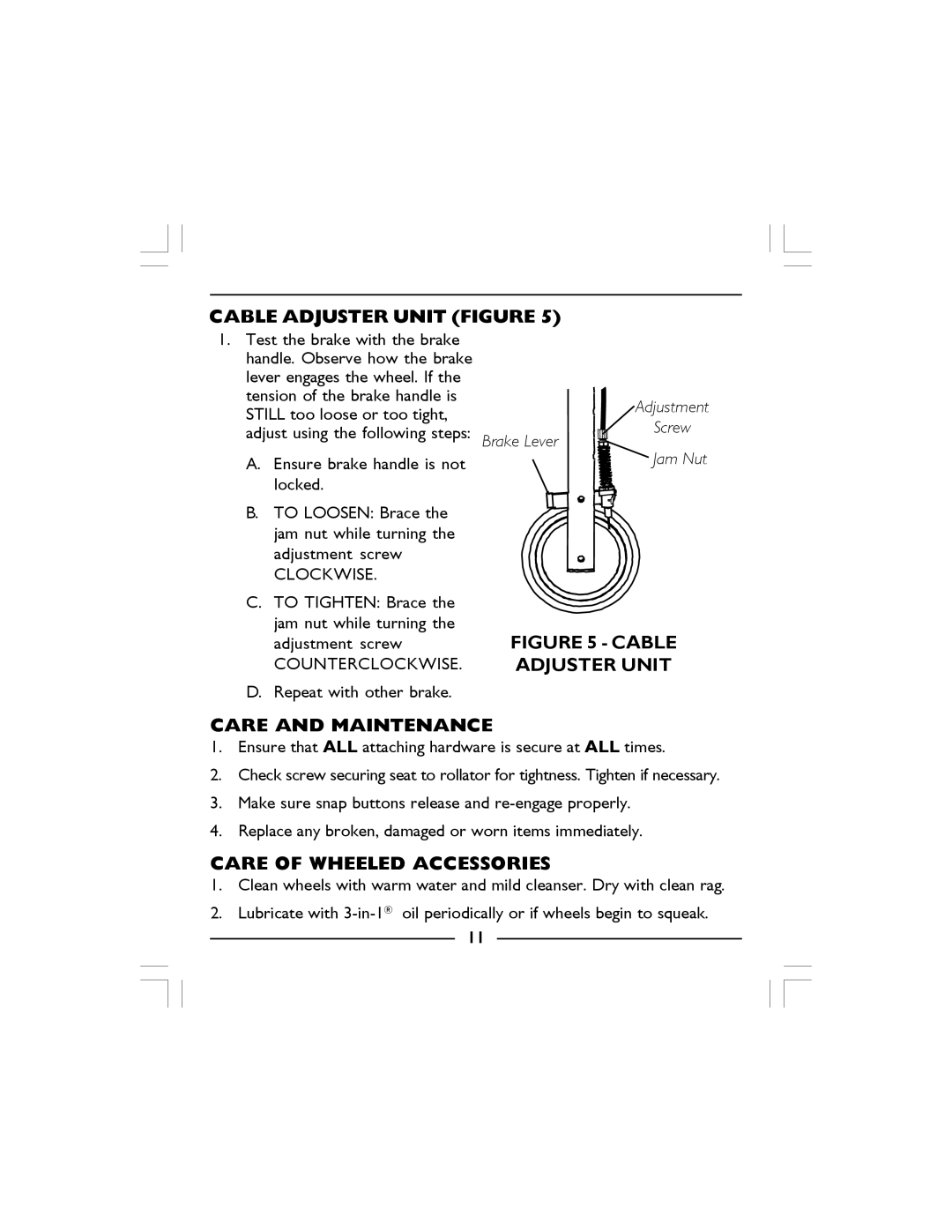 Invacare 68100-TA, 65100R-JR, 65100-JR manual Cable Adjuster Unit Figure, Care of Wheeled Accessories 