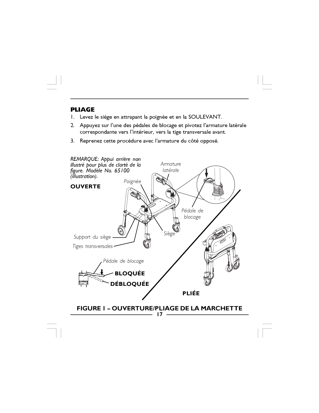 Invacare 68100-TA, 65100R-JR, 65100-JR manual Pliage, OUVERTURE/PLIAGE DE LA Marchette 