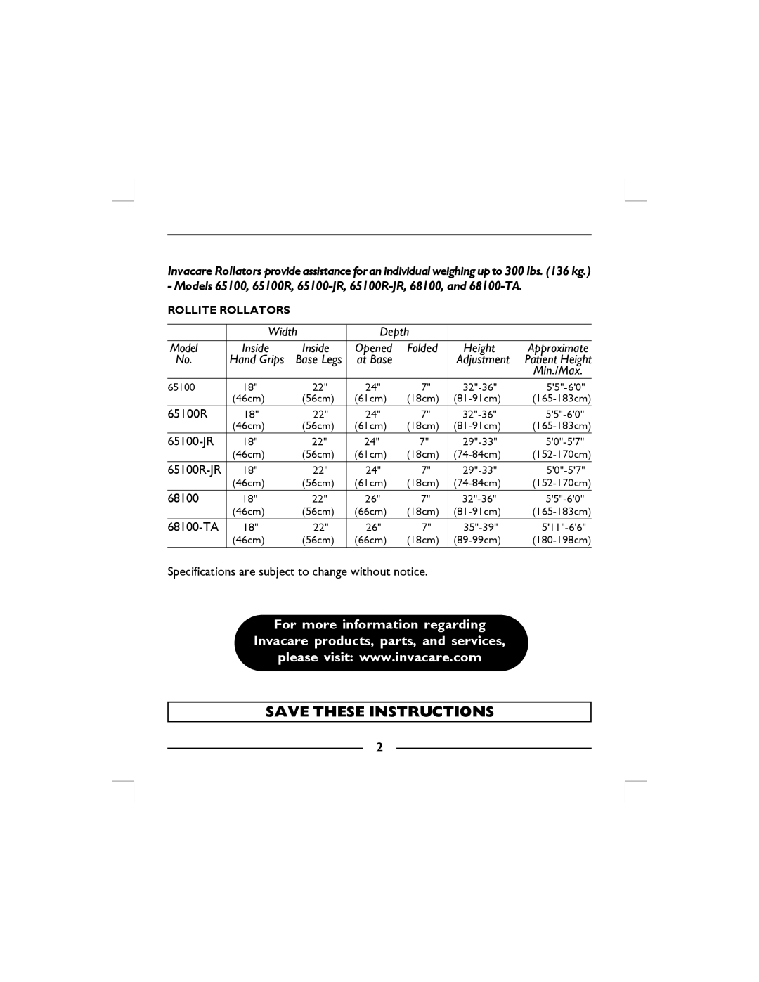 Invacare 65100R-JR, 68100-TA, 65100-JR manual Width Depth Model Inside Opened Folded Height 