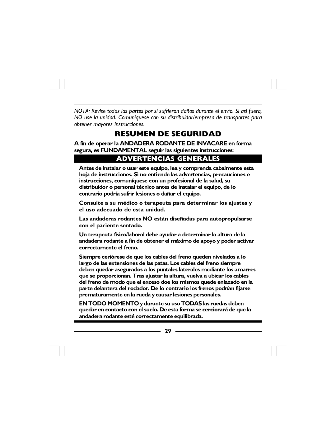 Invacare 68100-TA, 65100R-JR, 65100-JR manual Resumen DE Seguridad, Advertencias Generales 