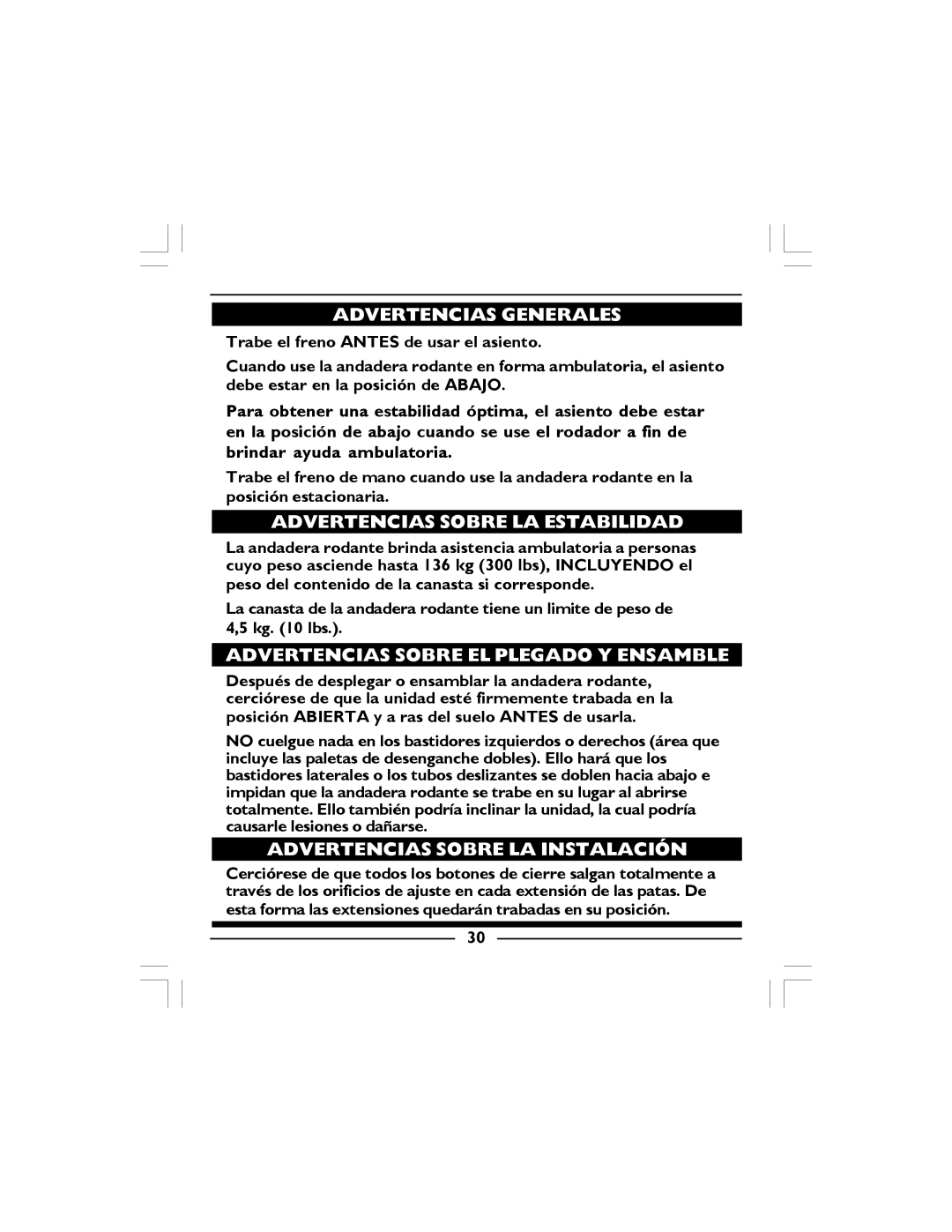 Invacare 68100-TA, 65100R-JR, 65100-JR manual Advertencias Sobre LA Estabilidad, Advertencias Sobre EL Plegado Y Ensamble 