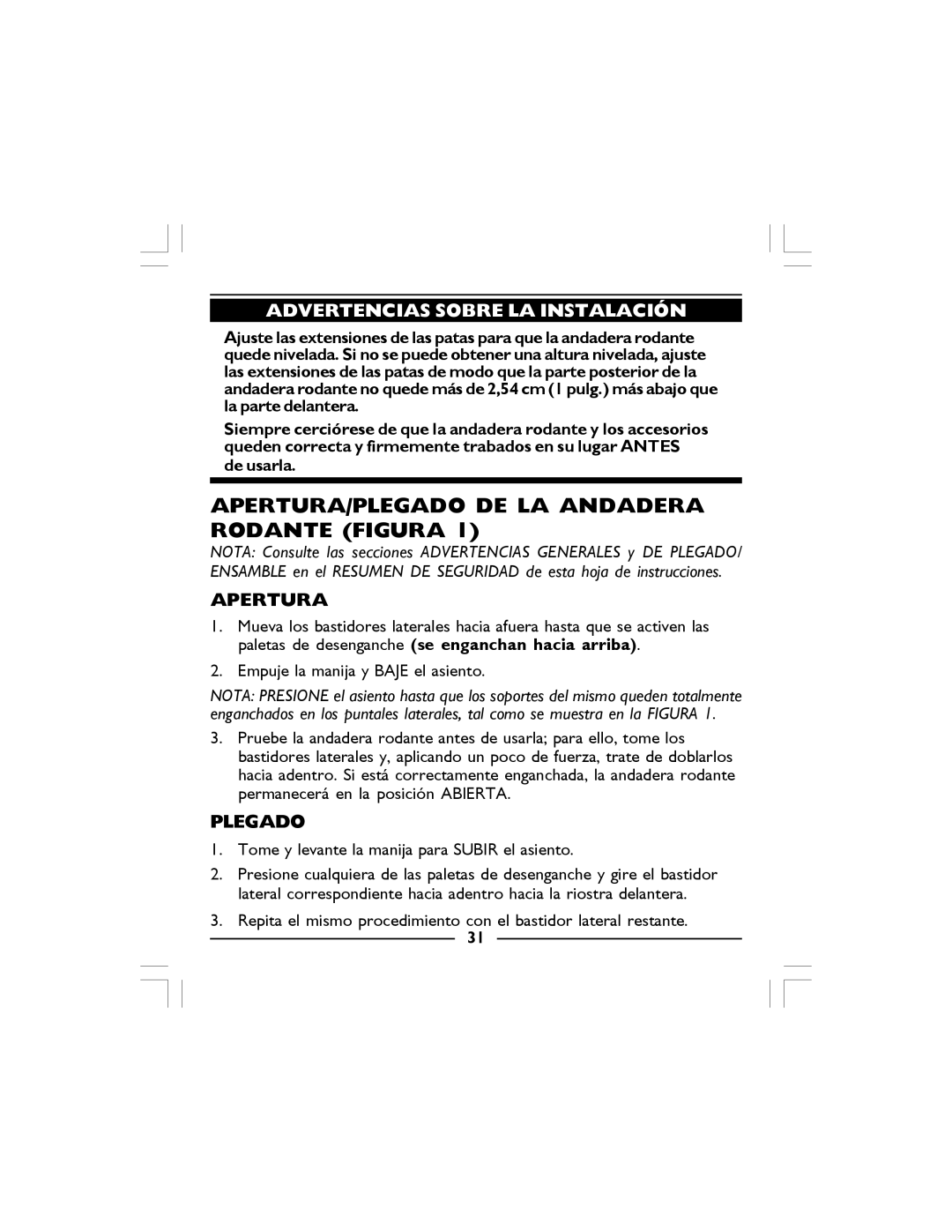 Invacare 68100-TA, 65100R-JR, 65100-JR manual APERTURA/PLEGADO DE LA Andadera Rodante Figura, Apertura, Plegado 