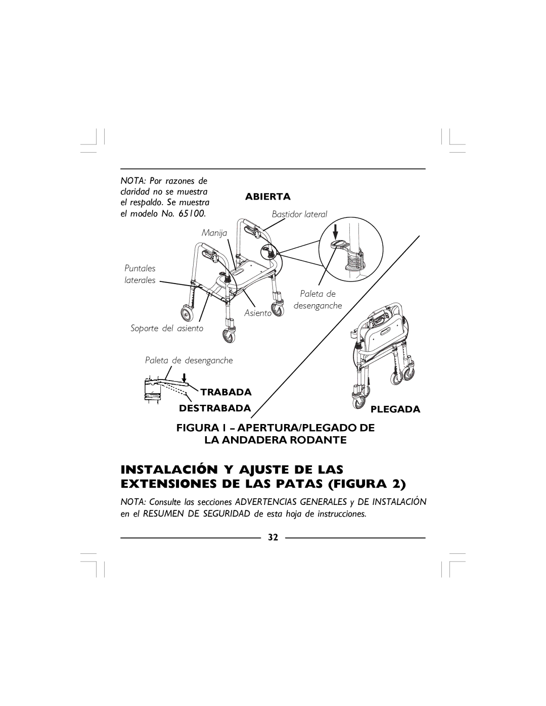 Invacare 65100R-JR, 68100-TA, 65100-JR manual Instalación Y Ajuste DE LAS Extensiones DE LAS Patas Figura 