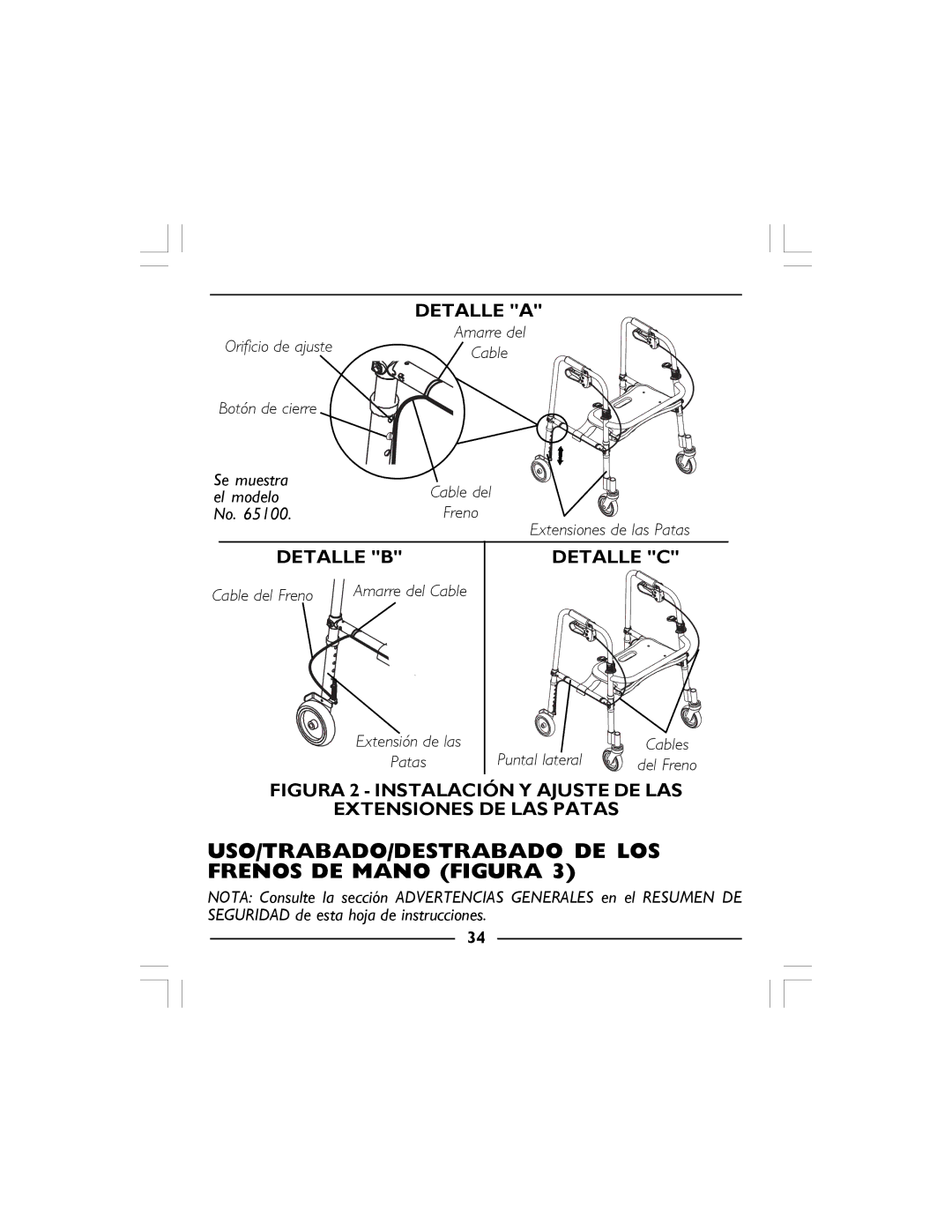 Invacare 68100-TA, 65100R-JR, 65100-JR manual USO/TRABADO/DESTRABADO DE LOS Frenos DE Mano Figura, Detalle a 