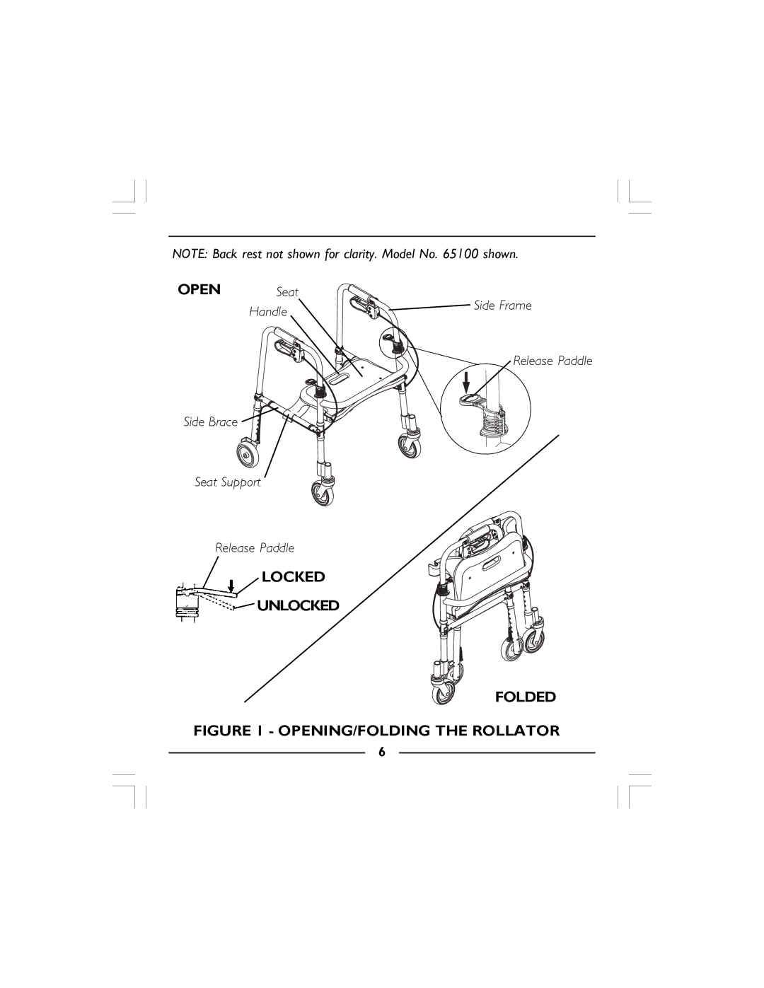 Invacare 68100-TA, 65100R-JR, 65100-JR manual Locked Unlocked Folded, OPENING/FOLDING the Rollator 