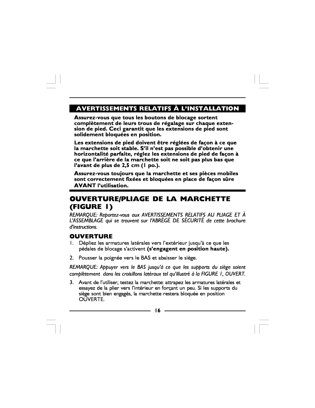 Invacare 68100-TA, 65100R-JR, 65100-JR Ouverture/Pliage De La Marchette Figure, Avertissements Relatifs À L’Installation 