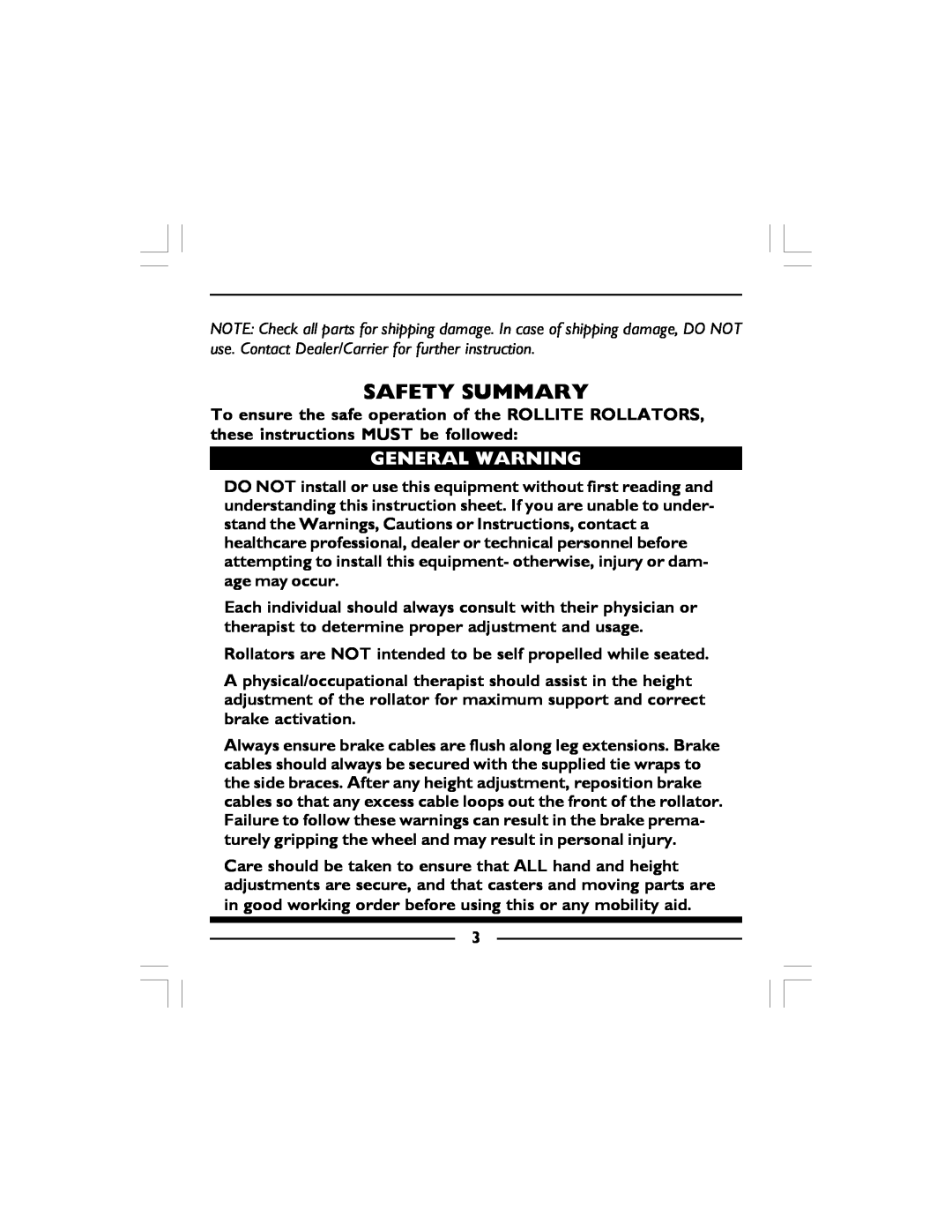 Invacare 65100-JR, 68100-TA, 65100R-JR manual Safety Summary, General Warning 