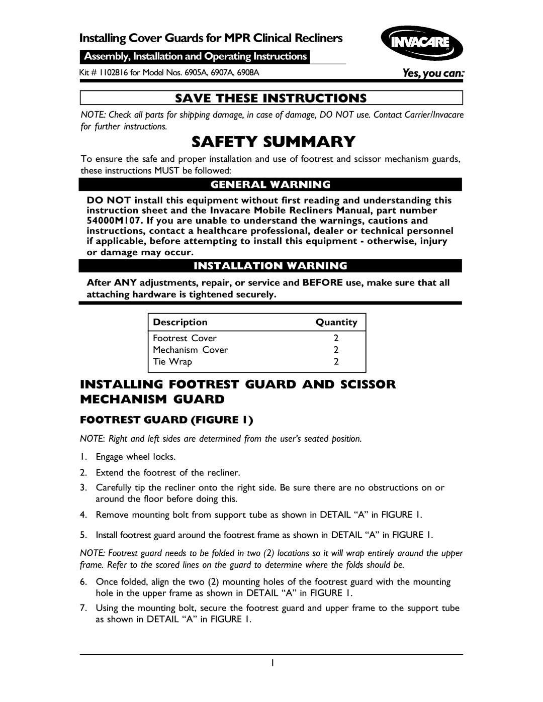 Invacare 6908A, 6905A operating instructions Installing Cover Guards for MPR Clinical Recliners, Footrest Guard Figure 