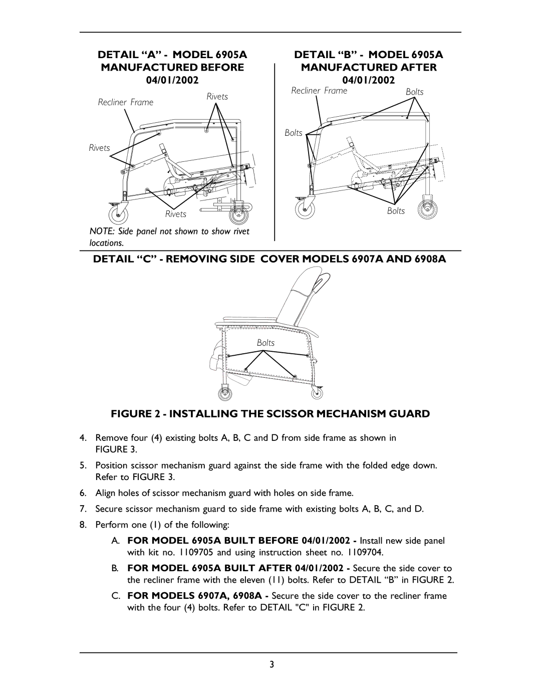 Invacare 6905A Detail C Removing Side Cover Models 6907A and 6908A, Installing the Scissor Mechanism Guard 