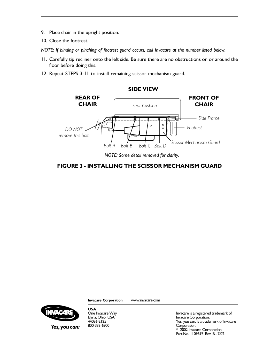 Invacare 6908A, 6905A, 6907A operating instructions Side View Rear Front Chair, Bolt a Bolt B Bolt C Bolt D 