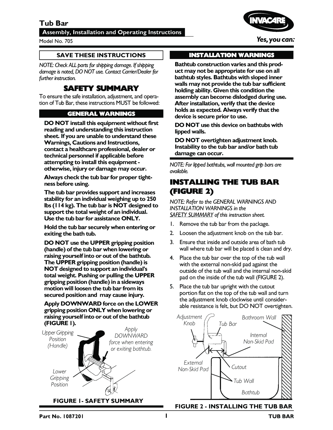 Invacare 705 instruction sheet Tub Bar, Safety Summary, Installing the TUB BAR Figure, General Warnings 