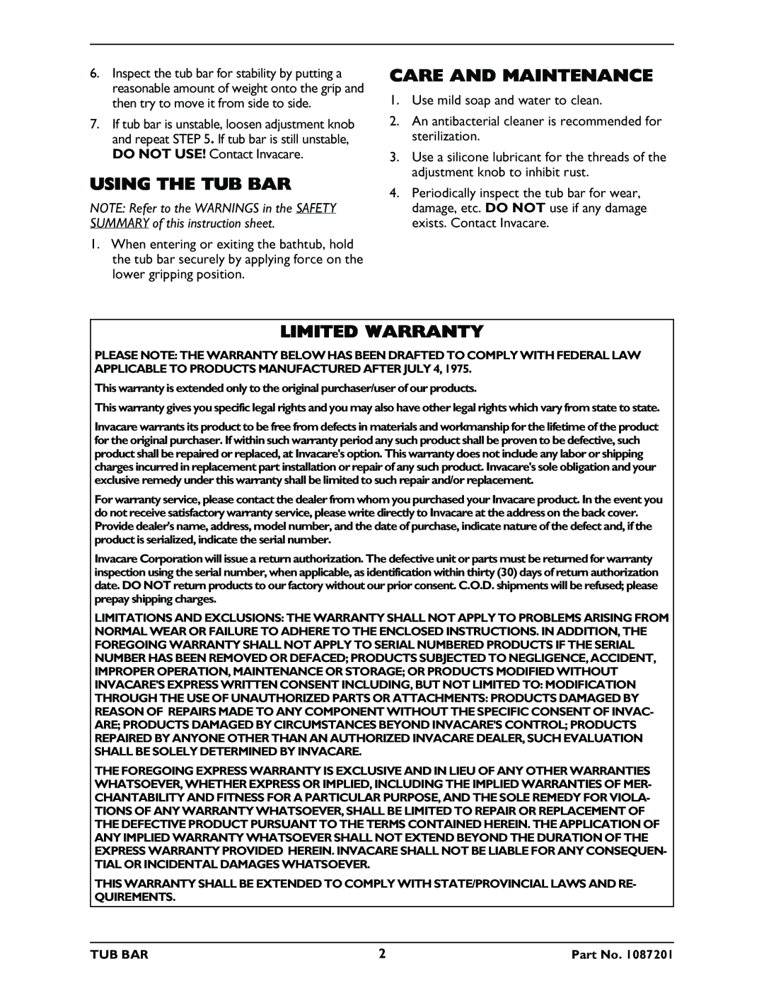 Invacare 705 instruction sheet Using the TUB BAR, Care and Maintenance, Limited Warranty 