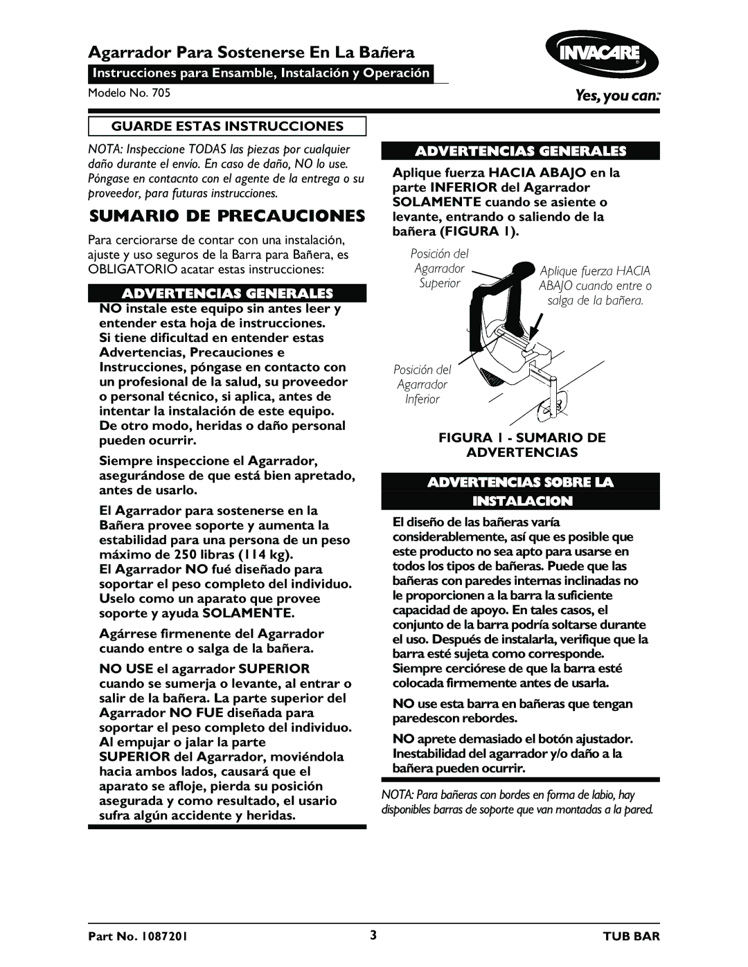 Invacare 705 instruction sheet Agarrador Para Sostenerse En La Bañera, Sumario DE Precauciones, Guarde Estas Instrucciones 