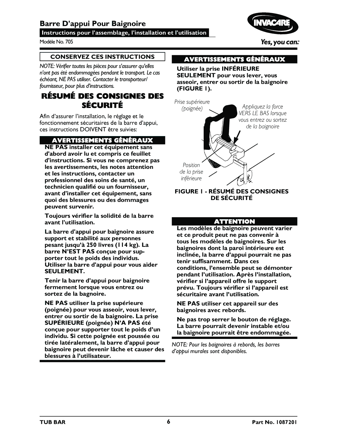 Invacare 705 Barre Dappui Pour Baignoire, Résumé DES Consignes DES Sécurité, Conservez CES Instructions, Seulement 