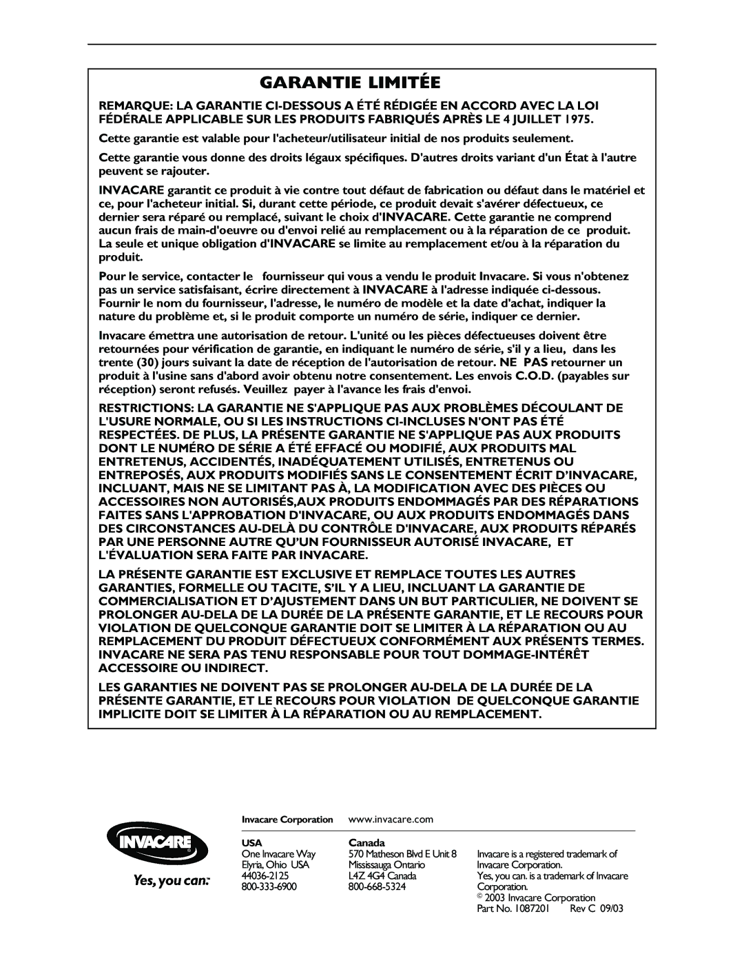 Invacare 705 instruction sheet Garantie Limitée, Canada 