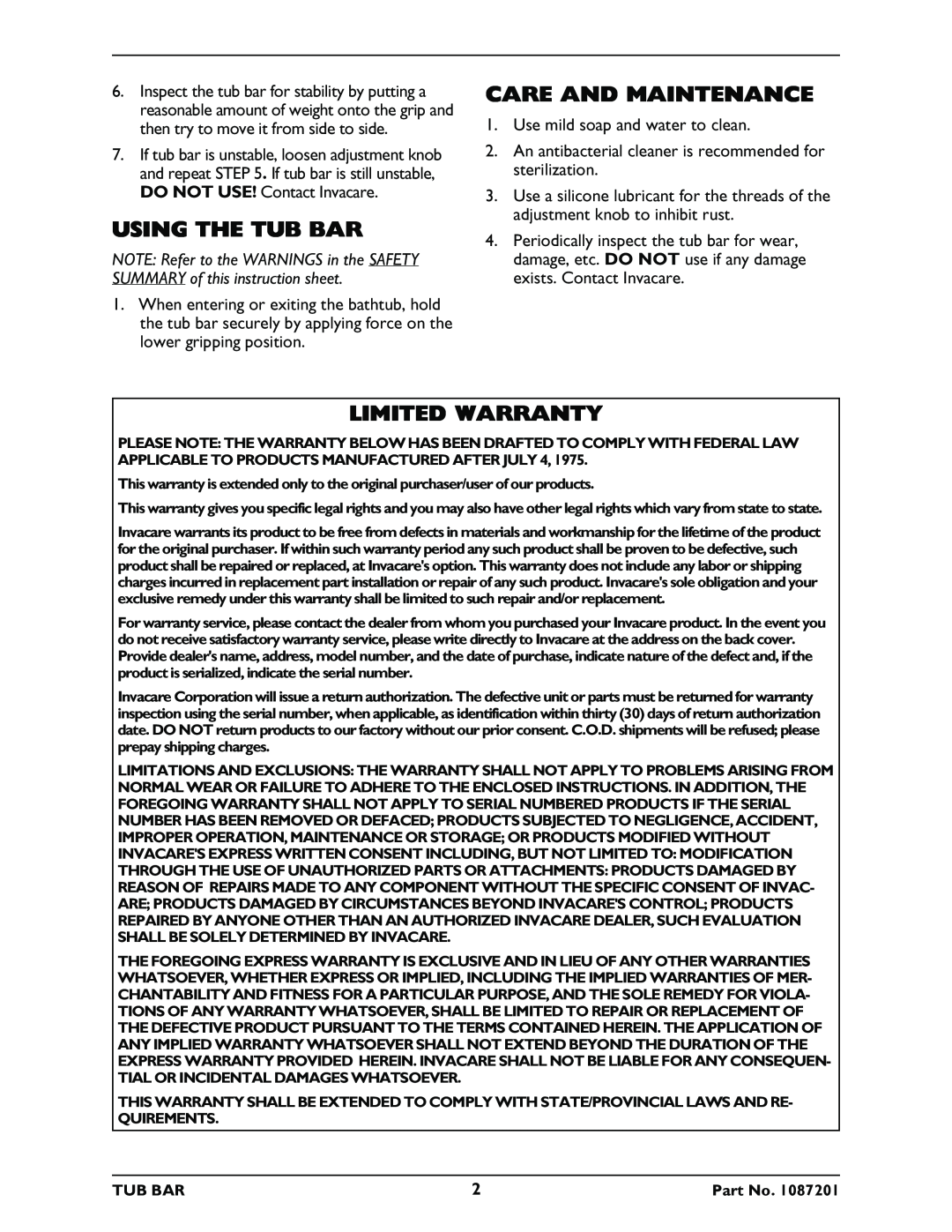 Invacare 705 instruction sheet Using The Tub Bar, Care And Maintenance, Limited Warranty 