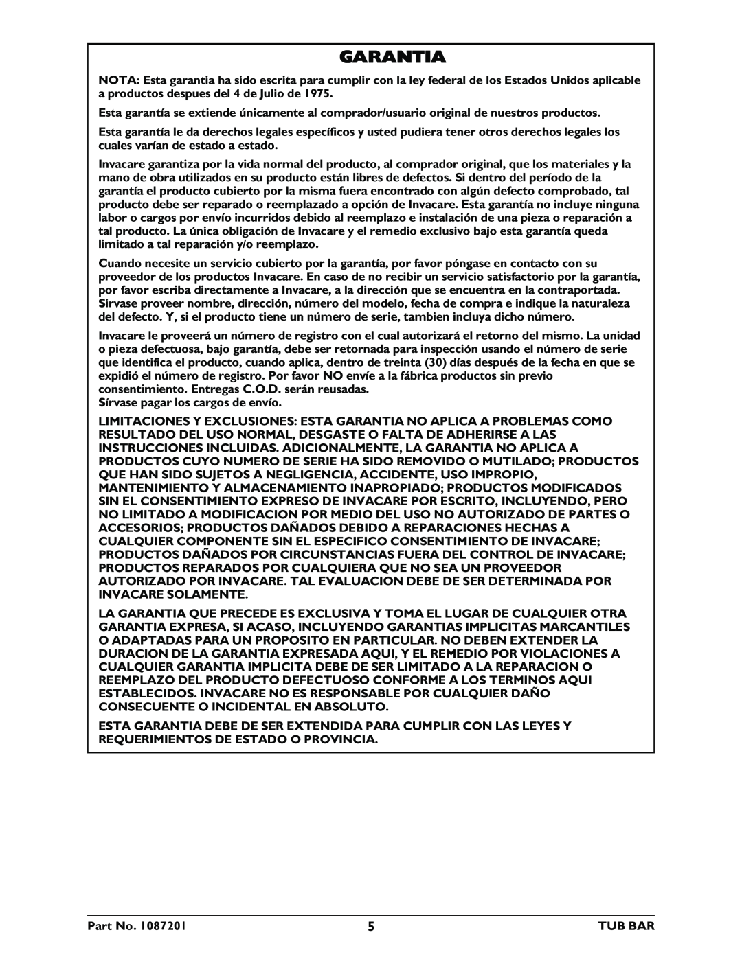 Invacare 705 instruction sheet Garantia 