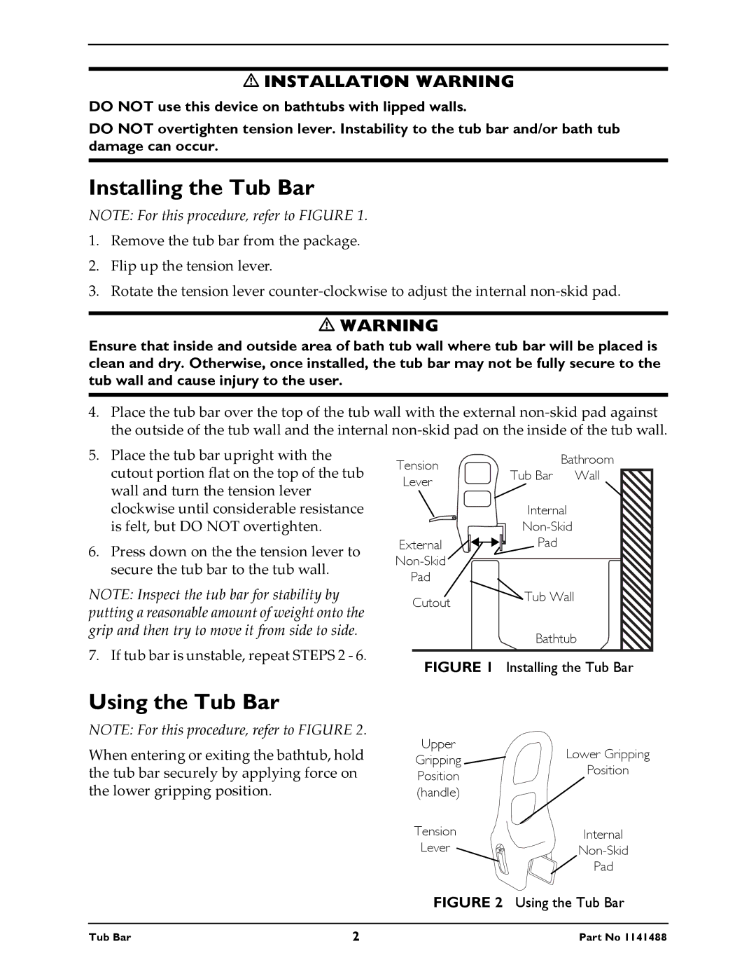 Invacare 710 instruction sheet Installing the Tub Bar, Using the Tub Bar 