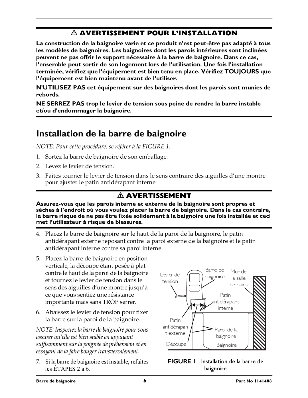 Invacare 710 instruction sheet Installation de la barre de baignoire, Baignoire 