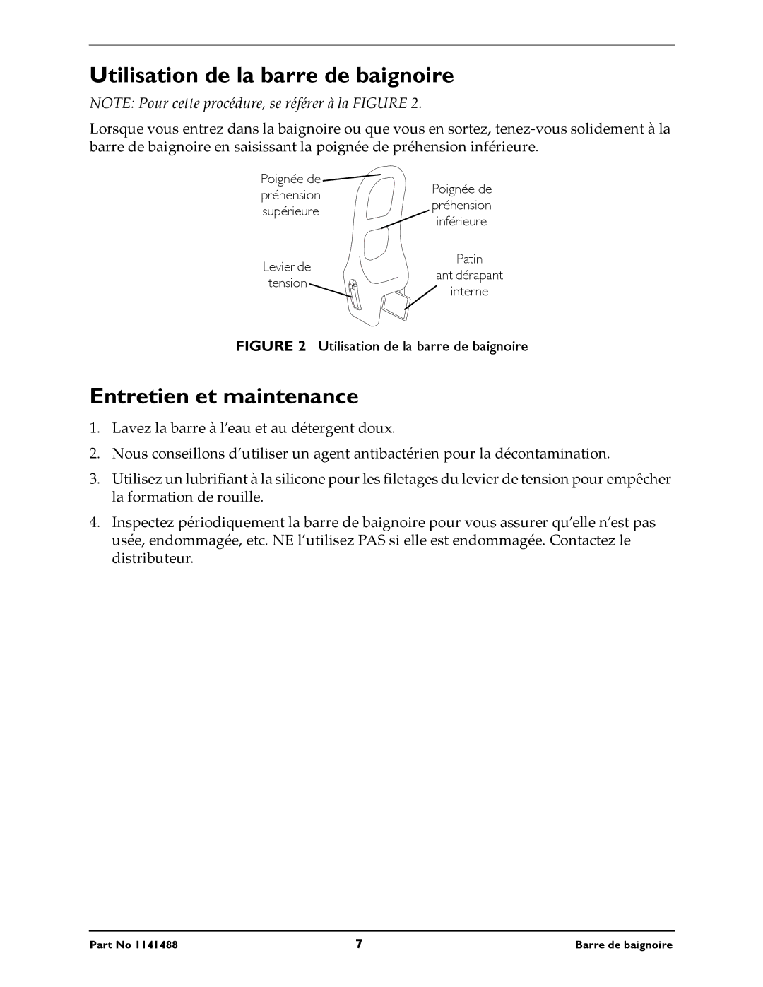 Invacare 710 instruction sheet Utilisation de la barre de baignoire, Entretien et maintenance 