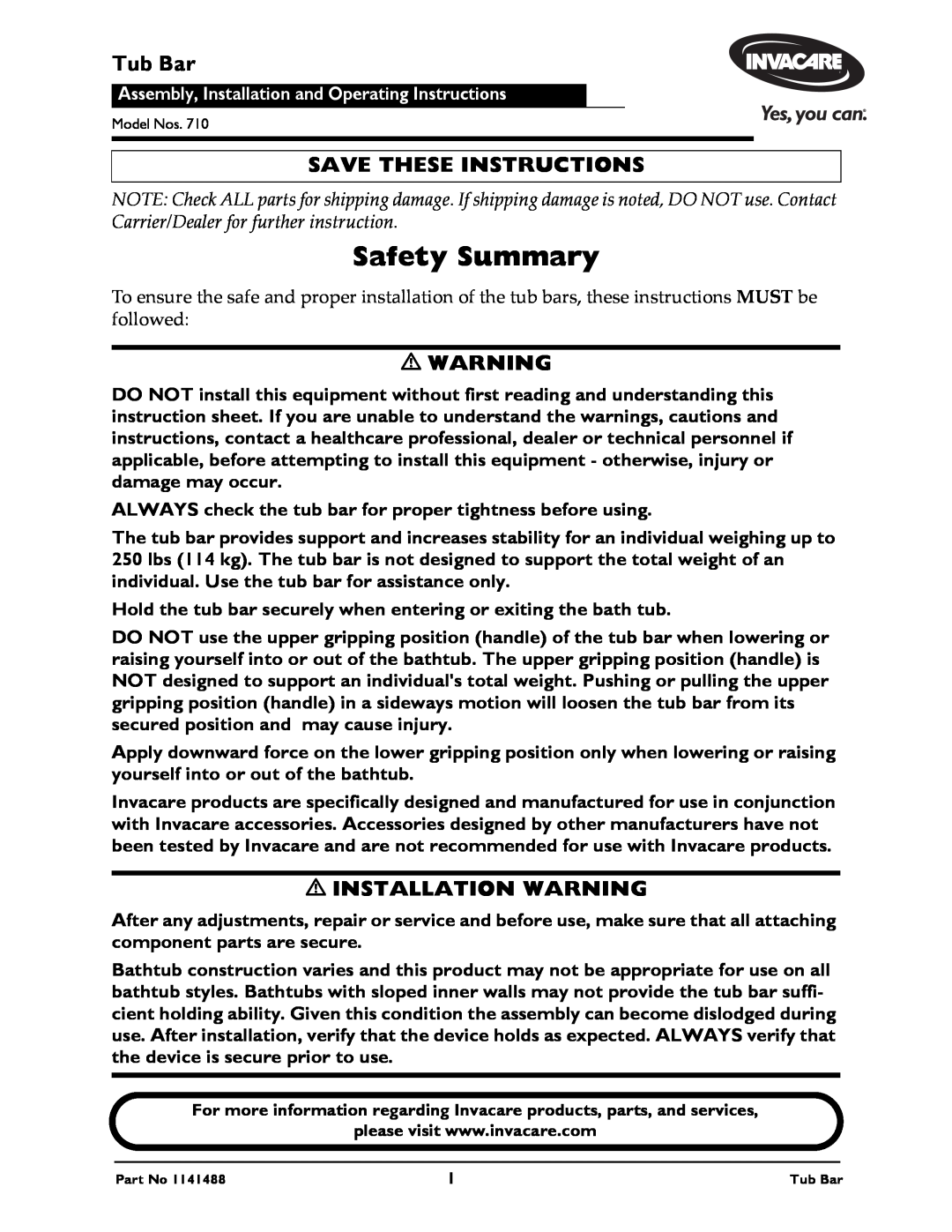 Invacare 710 instruction sheet Safety Summary, Tub Bar, Save These Instructions, Installation Warning 