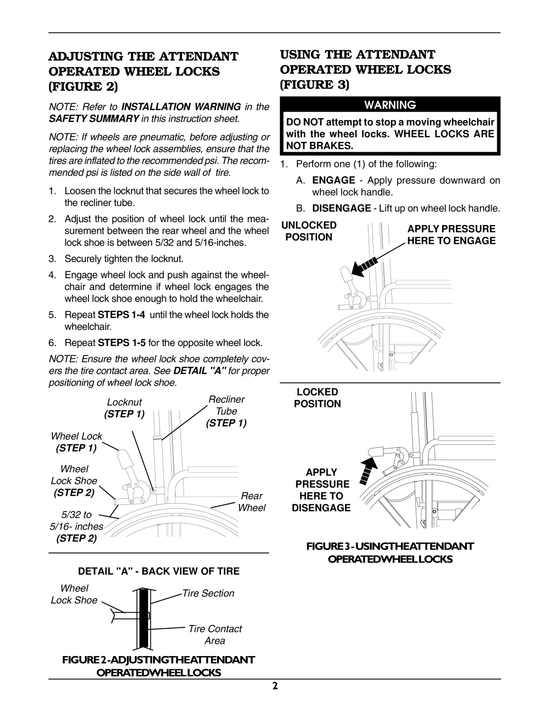 Invacare 7400037 Adjusting the Attendant Operated Wheel Locks Figure, Using the Attendant Operated Wheel Locks Figure 