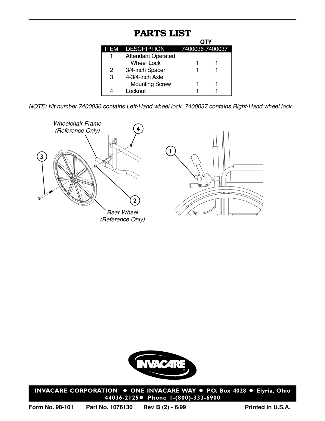 Invacare 7400037, 7400036 operating instructions Parts List 