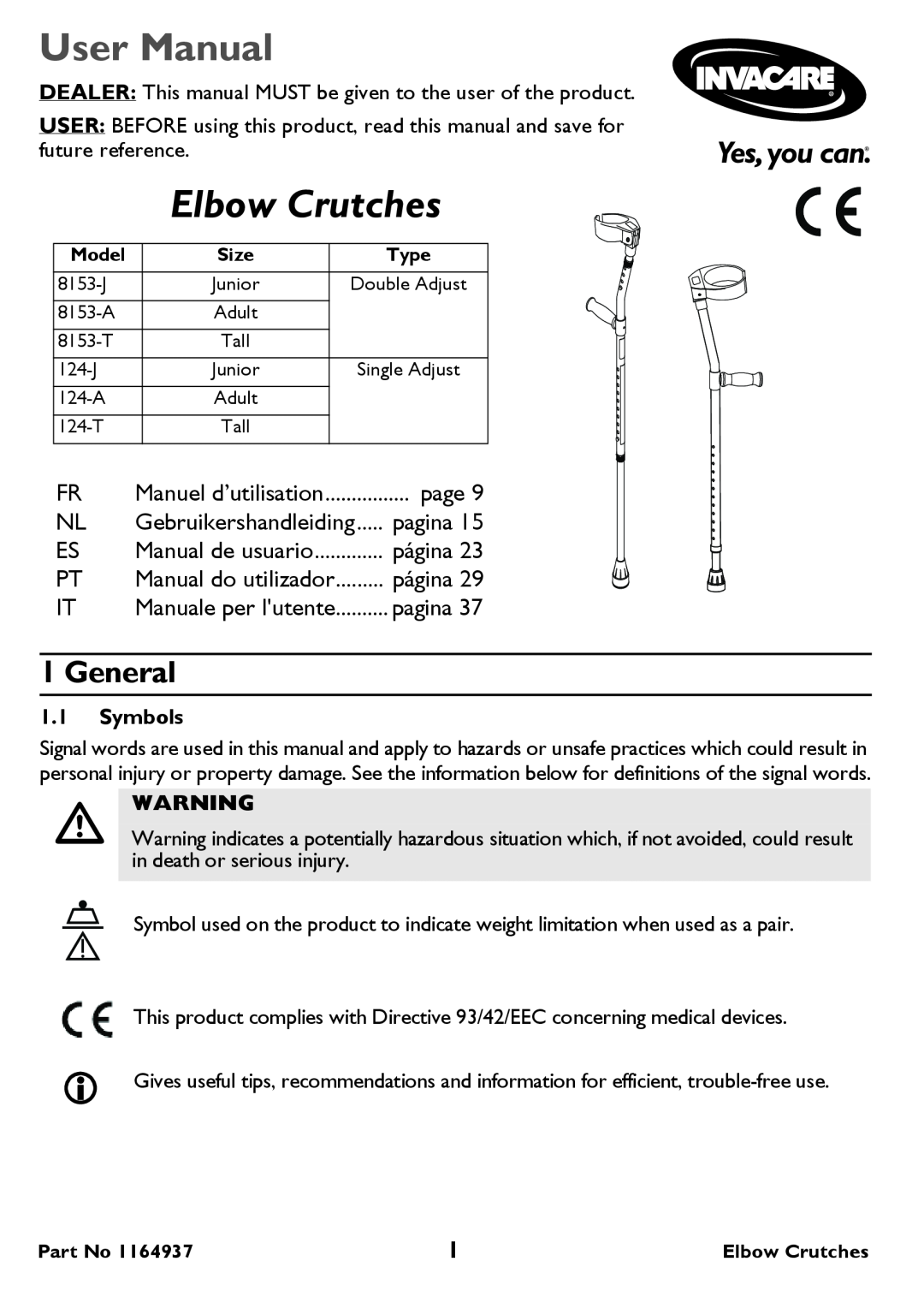 Invacare 8153-T Tall, 8153-A Adult user manual User Manual, Elbow Crutches, General, Symbols, page, página, pagina 