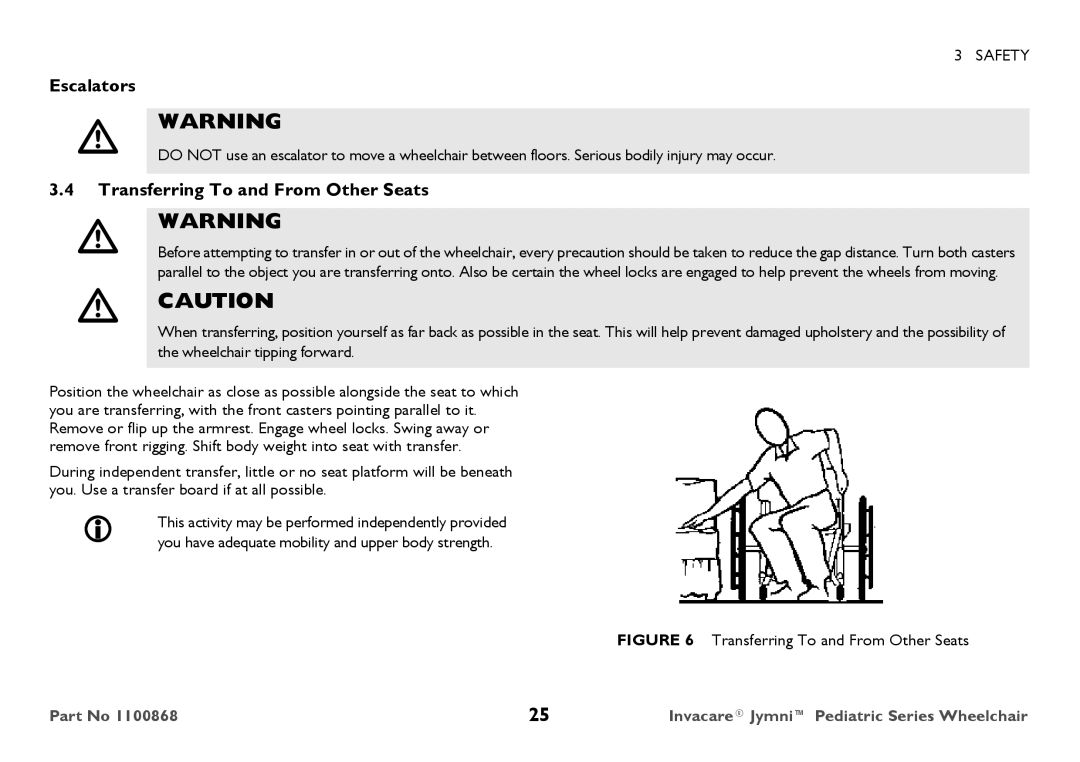 Invacare 9000 STANDARD WEIGHT user manual Escalators, Transferring To and From Other Seats 