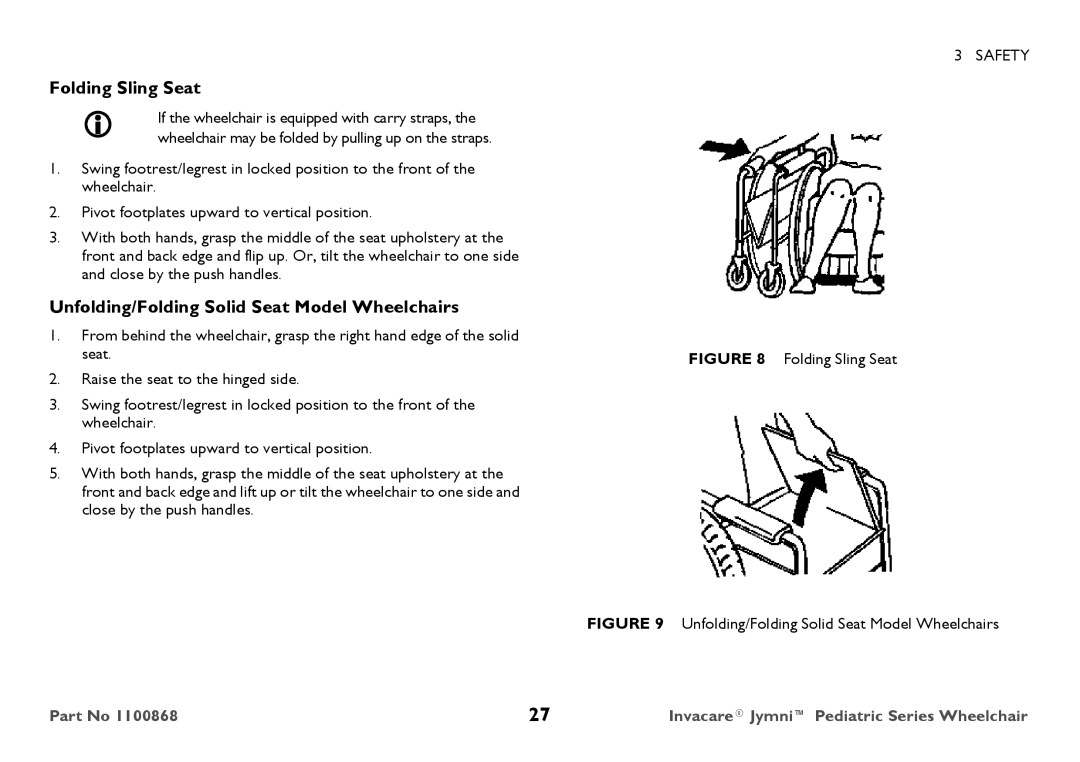 Invacare 9000 STANDARD WEIGHT user manual Folding Sling Seat, Unfolding/Folding Solid Seat Model Wheelchairs 