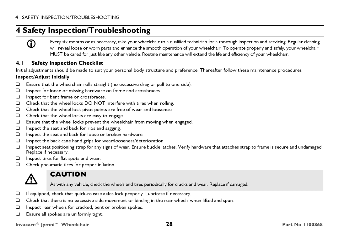 Invacare 9000 STANDARD WEIGHT Safety Inspection/Troubleshooting, Safety Inspection Checklist, Inspect/Adjust Initially 