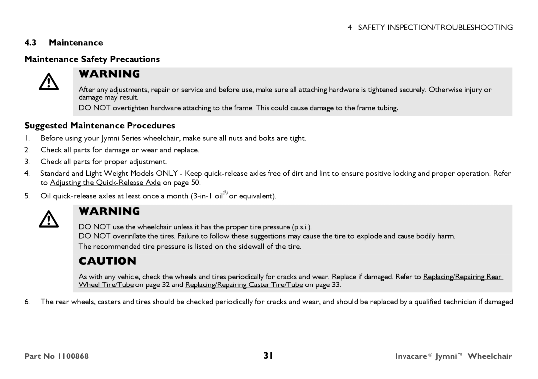 Invacare 9000 STANDARD WEIGHT user manual Maintenance Maintenance Safety Precautions, Suggested Maintenance Procedures 