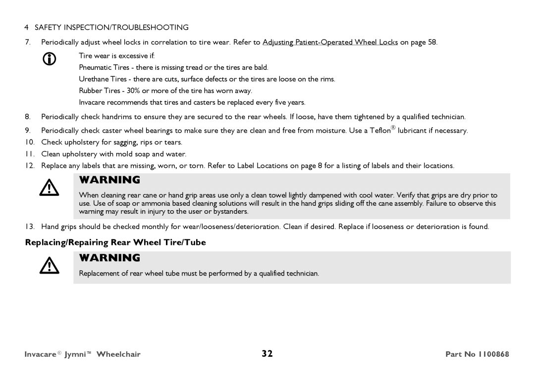 Invacare 9000 STANDARD WEIGHT user manual Replacing/Repairing Rear Wheel Tire/Tube 