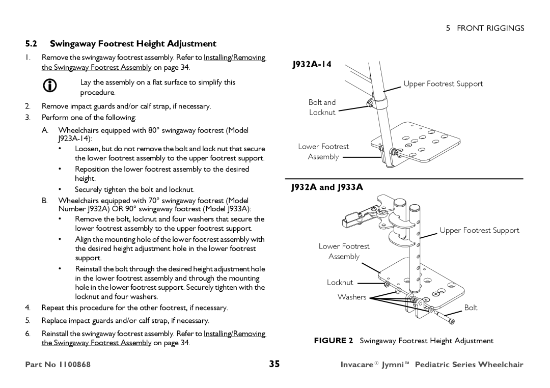 Invacare 9000 STANDARD WEIGHT user manual Swingaway Footrest Height Adjustment, J932A-14, J932A and J933A 