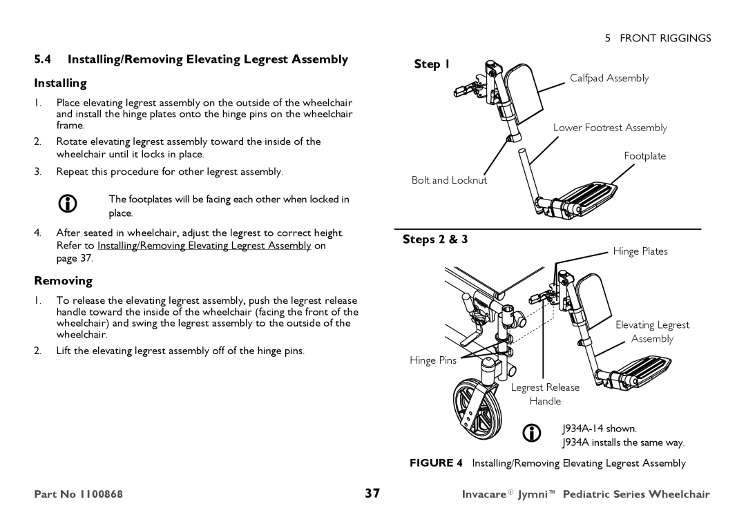 Invacare 9000 STANDARD WEIGHT user manual Installing/Removing Elevating Legrest Assembly, Steps 2 