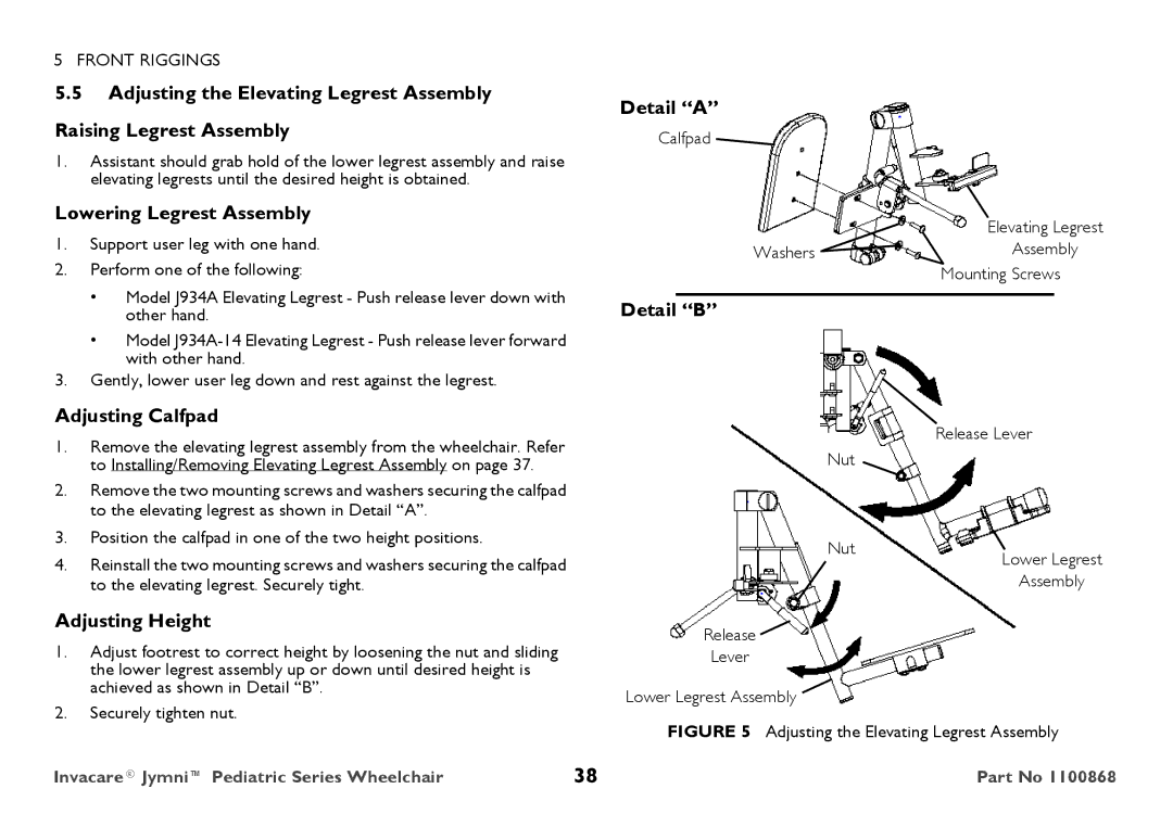 Invacare 9000 STANDARD WEIGHT Detail a, Lowering Legrest Assembly, Detail B, Adjusting Calfpad, Adjusting Height 