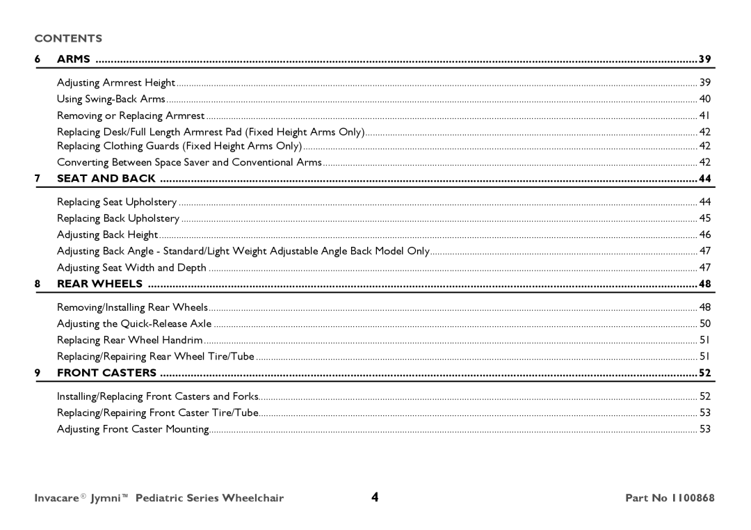 Invacare 9000 STANDARD WEIGHT user manual Arms 